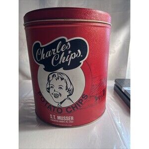 Vintage 30 y/o Red Large Charles Chips Tin  With Lid Lancaster Pa